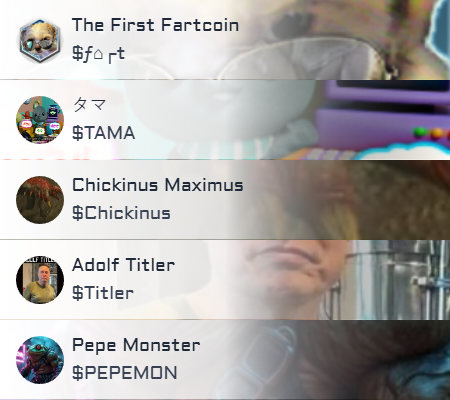 solana_gemz's tweet photo. π Top 5 trending coins on #solana in the last hour https://t.co/x6GTrhVa77
#TheFirstFartcoin $Ζββt #Ζββt #γΏγ $TAMA #TAMA #ChickinusMaximus $Chickinus #Chickinus #AdolfTitler $Titler #Titler #PepeMonster $PEPEMON #PEPEMON https://t.co/cDWptlS69t