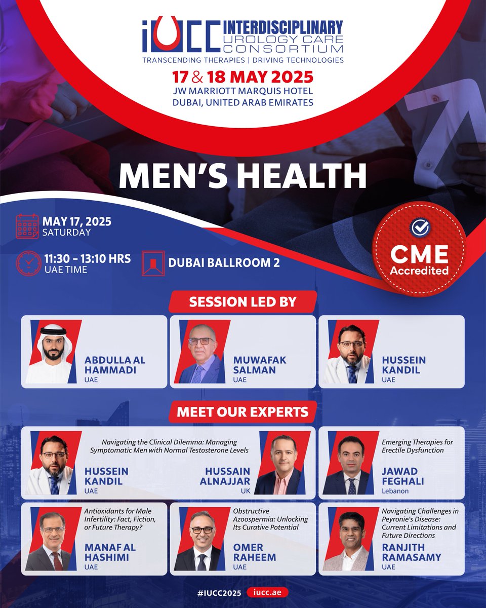 Spotlight on Men’s Health at #IUCC2025!

Join top experts on May 17 for a deep dive into male infertility, ED, testosterone therapy &amp; more.

Don't miss this must-attend session!
🔗 Register: iucc.ae/registration

#MensHealth #UrologyCare #CME
