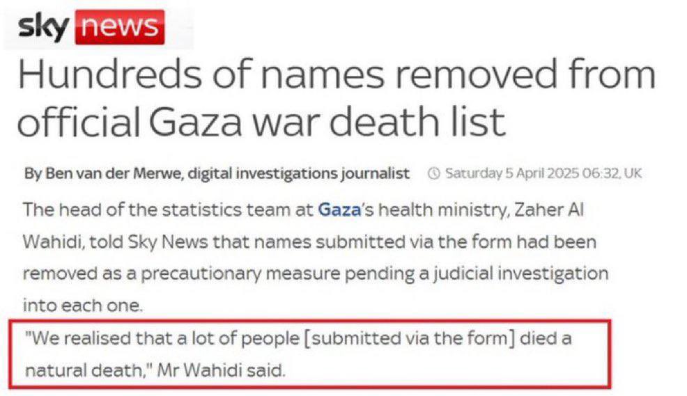 Mr_Andrew_Fox's tweet photo. Remember when I told you for months that natural deaths were included on the Hamas fatality lists the world’s media has been using without fact-checking? Now Hamas confirm it.

Oh and btw @SkyNews, they’ve removed thousands of names, not hundreds. Nice try. https://t.co/kvQSXvgJ40