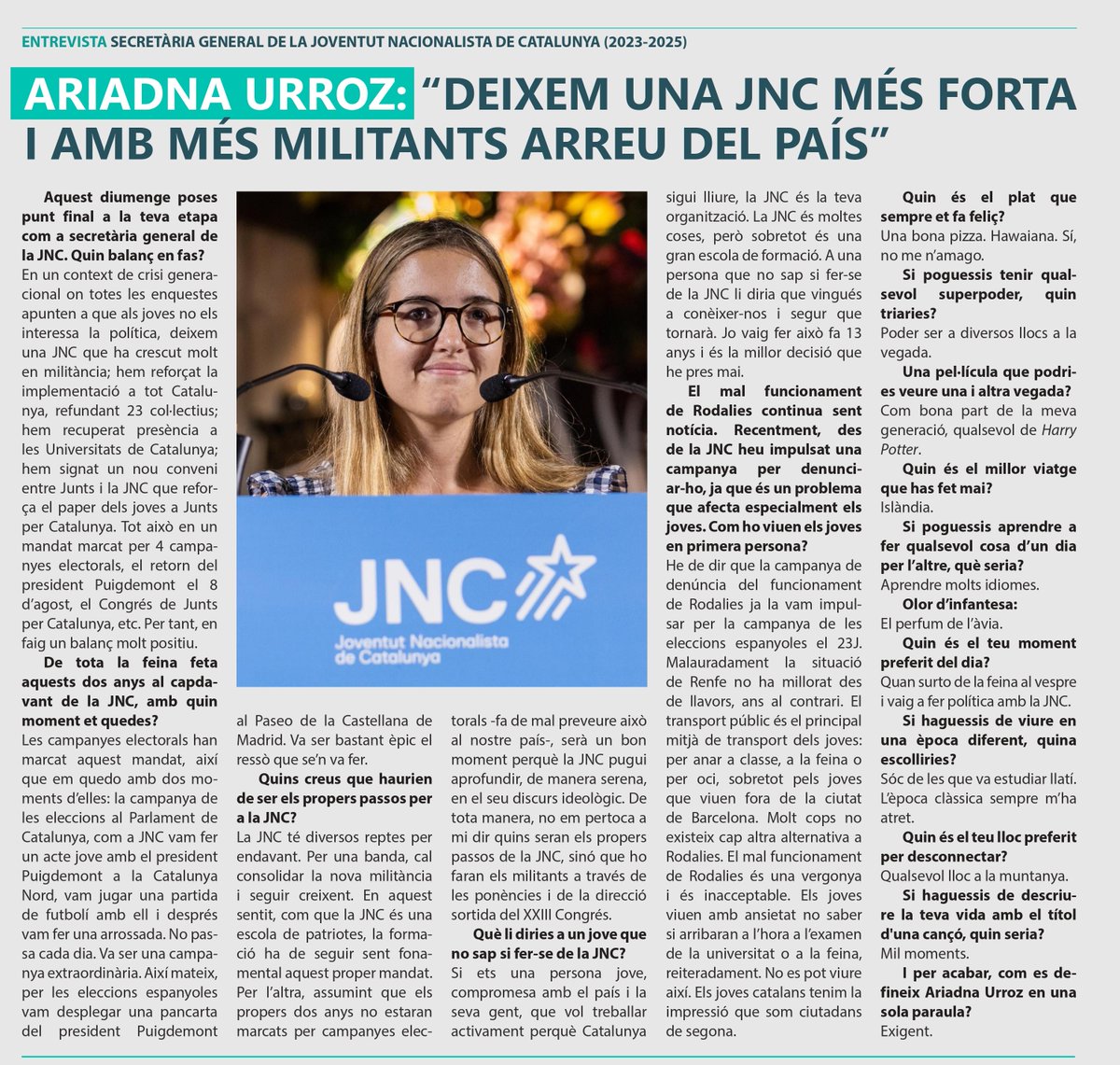 #MÉSJUNTS | Coneix <a href="/ariadnaurroz/">Ariadna Urroz</a>, secretària general de la <a href="/JNCatalunya/">Joventut Nacionalista de Catalunya</a> (2023-2025).

🗣 "Deixem una JNC més forta i amb més militants arreu del país"

De tota la feina feta aquests dos anys al capdavant de la JNC, amb quin moment et quedes?

👉🏻 La resposta: