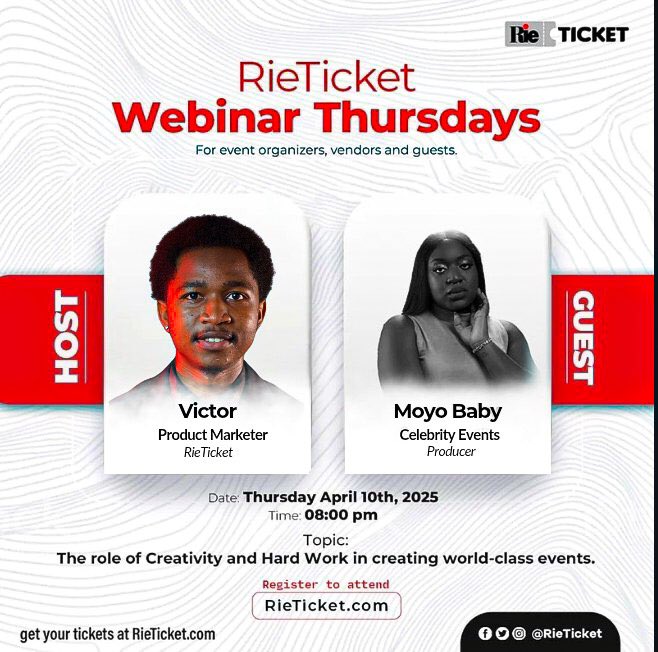 rieticket's tweet photo. Creativity is the heartbeat of unforgettable events. It turns ordinary moments into lasting memories.

Join Victor as he hosts Moyo Baby, as she unpacks “The Role of Creativity and Hard Work in Creating World-Class Events”

https://t.co/MtXtU7nGAU https://t.co/Tu4do0N4Di