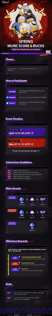 PathtoNowhereEN's tweet photo. ■ Spring, Music Score & Ducks—Fan Creation Contest

▼MYSTERY TRANSMISSION INTERCEPTED:

🎨 YOUR MISSION:
Design emotes that resonate with PTN attitude or quack with duck playfulness.

🏆 REWARDS:
Game resources
One-of-a-kind merch

Gotta head to the next gig, quack.▮▮

#PathtoNowhere #PTN #TQA