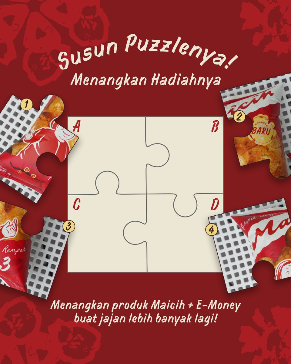 Emak pusing ini teh cara nyusun puzzle-nya gimana ya? Bantuin atuh Cu, susunannya harus gimana biar kelihatan cemilan kesayangan kita ini! 

Ikutin syaratnya, ya:
• Follow semua akun media sosial Maicih
• Like postingan ini
• Jawab di kolom komentar pakai #JelajahiPedasRempah