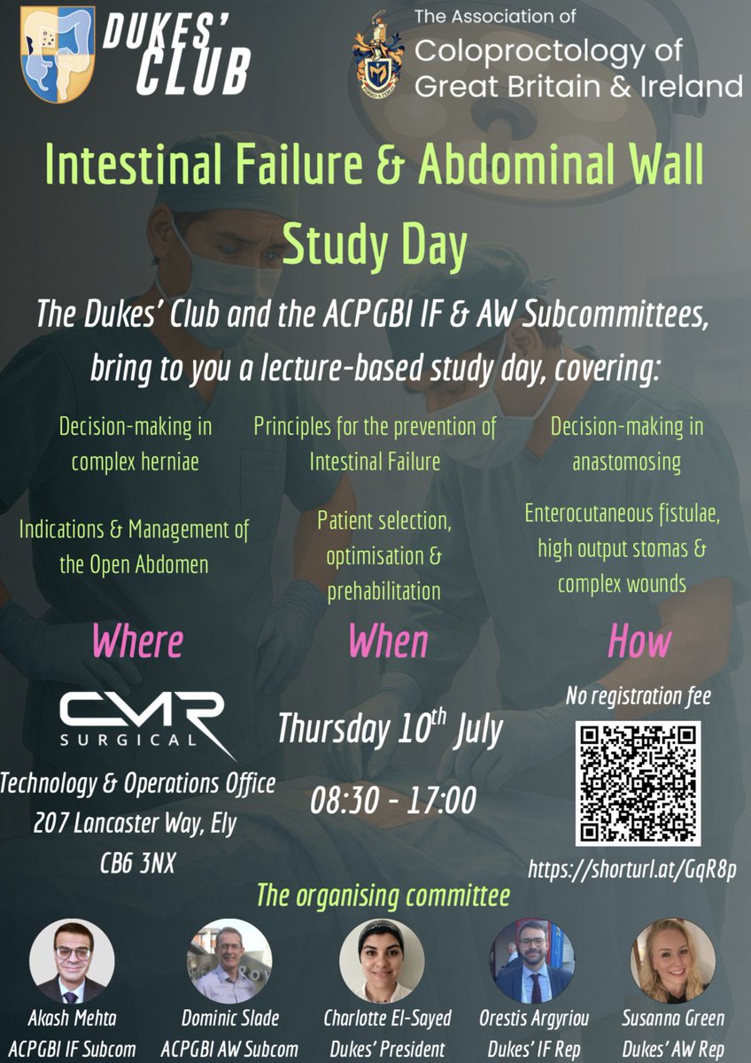 Orestis Argyriou (@orestisarg) on Twitter photo 🤩 Delighted to bring to you a study day on Intestinal Failure & Abdominal Wall, an initiative of <a href="/Dukes_Club/">The Dukes' Club</a> & <a href="/ACPGBI/">@ACPGBI</a> IF & AW Subcoms
🗣️ Free to attend & aimed at ALL surgical trainees
<a href="/AM_colorectal/">Akash Mehta</a> <a href="/slade_dom/">Dominic Slade</a> <a href="/charlotte_e_25/">Charlotte El-Sayed</a> <a href="/susiekgreen/">Susanna Green</a> <a href="/ASGBI_MA/">ASGBI Moynihan Academy</a> <a href="/roux_group/">The Roux Group</a> <a href="/CMRSurgical/">CMR Surgical</a> 🤩 Delighted to bring to you a study day on Intestinal Failure & Abdominal Wall, an initiative of <a href="/Dukes_Club/">The Dukes' Club</a> & <a href="/ACPGBI/">@ACPGBI</a> IF & AW Subcoms
🗣️ Free to attend & aimed at ALL surgical trainees
<a href="/AM_colorectal/">Akash Mehta</a> <a href="/slade_dom/">Dominic Slade</a> <a href="/charlotte_e_25/">Charlotte El-Sayed</a> <a href="/susiekgreen/">Susanna Green</a> <a href="/ASGBI_MA/">ASGBI Moynihan Academy</a> <a href="/roux_group/">The Roux Group</a> <a href="/CMRSurgical/">CMR Surgical</a>