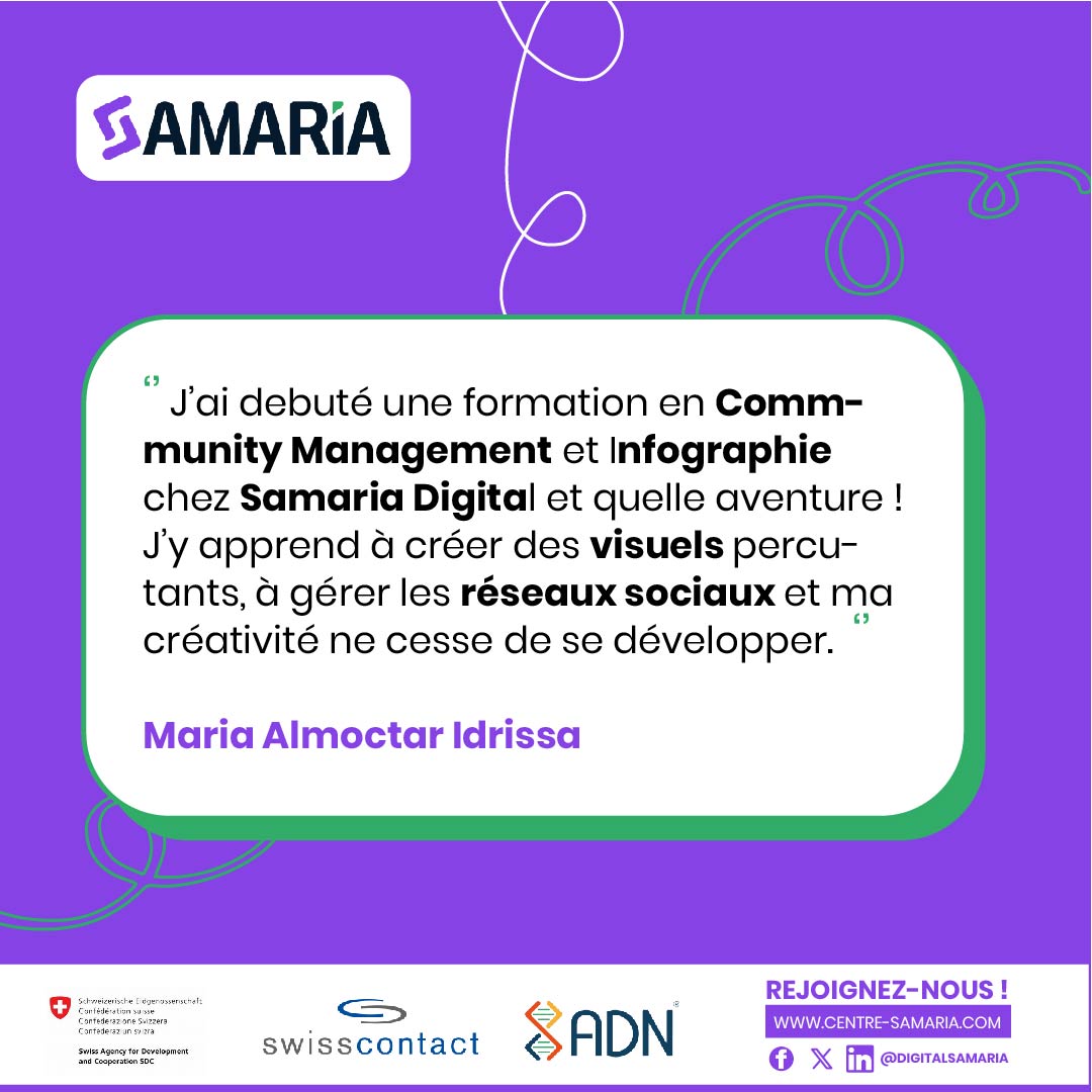 DigitalSamaria's tweet photo. Maria Almoctar Idrissa suit une formation en Infographie et en Community Management chez Samaria Digital.
Aujourd’hui, elle partage un bout de son parcours et un message fort pour les jeunes. https://t.co/MIDjJsa7F8