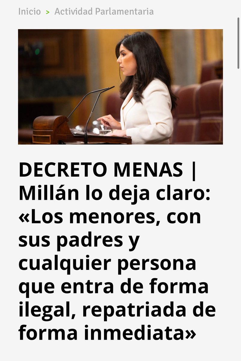 🇪🇸 La portavoz del Grupo Parlamentario VOX en el Congreso, Pepa Millán, ha replicado el discurso del ministro de Política Territorial y Memoria Democrática, Ángel Víctor Torres, en el debate sobre el Real Decreto de reparto de MENAs

❌ VOX mantiene la misma firme postura frente