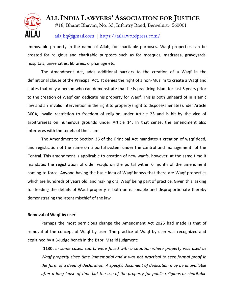 AilajHq's tweet photo. 1/3 The Waqf (Amendment) Act is blatantly prejudiced and constitutes a frontal attack on the Muslim community, and the religious freedom and beliefs which they enjoy under the Constitution. https://t.co/UL1MIF4HU2