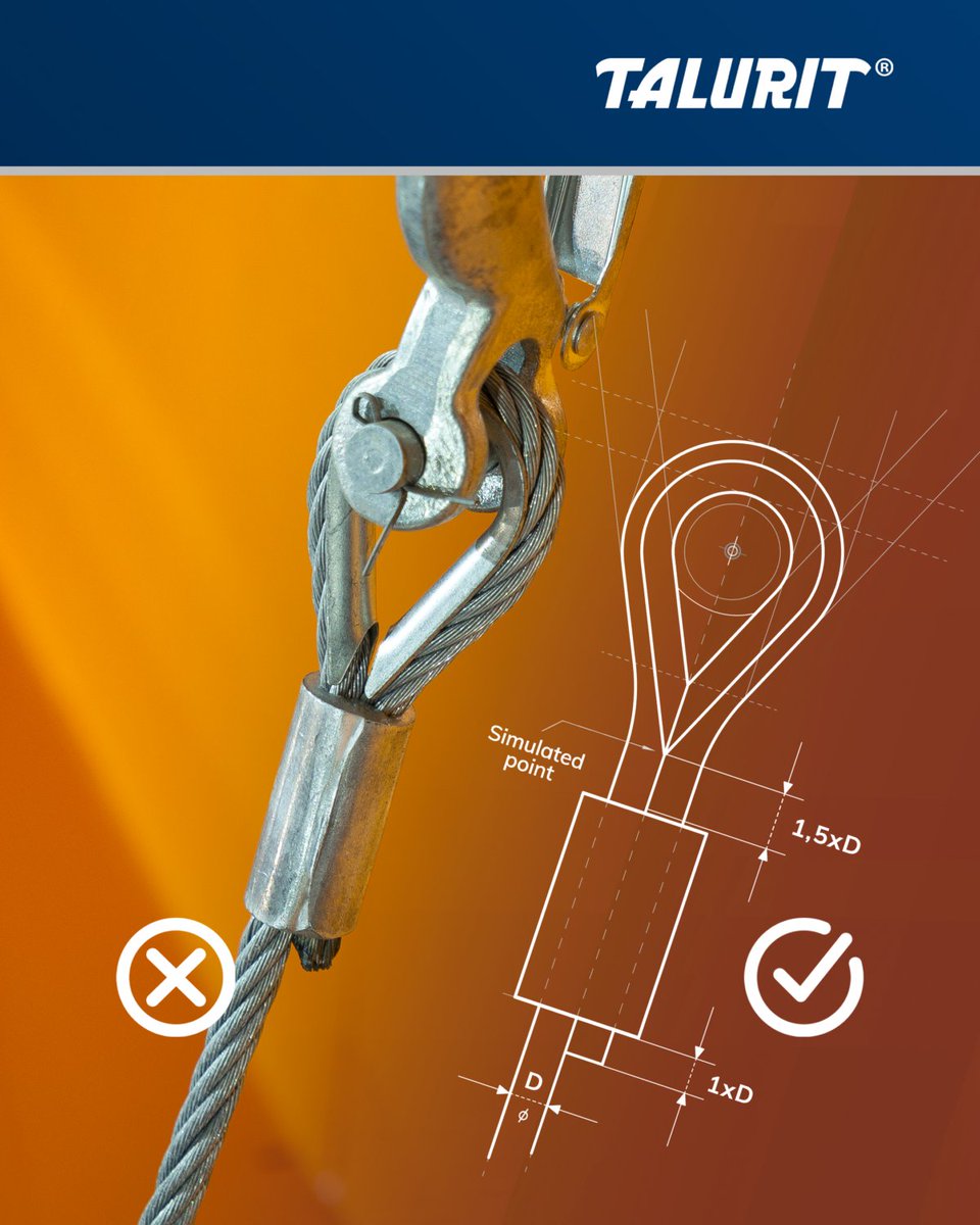 TALURIT's tweet image. Small details. Big difference. 🔍 When pressing a ferrule, always position the thimble 1.5 x the rope diameter from the ferrule. This ensures optimal load distribution &amp;amp; maximizes the strength &amp;amp; safety of the termination. ✔️ talurit.com | #Talurit #wirerope #rigging