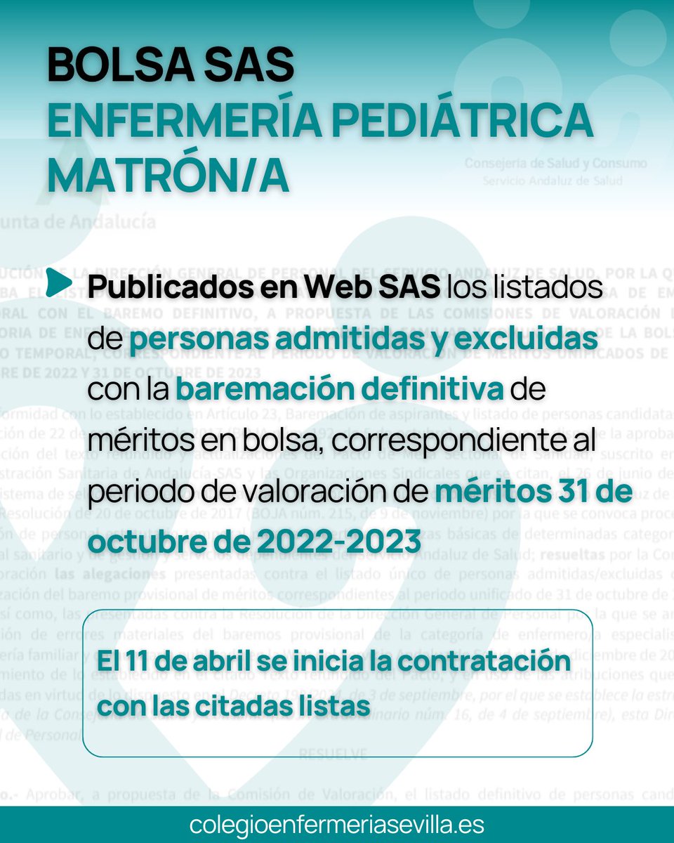 ICOESevilla's tweet photo. 🚨BOLSA SAS: Publicados los listados de admitid@s y excluid@s con baremación definitivas de Matrón/a y Enfermería Pediátrica
👓VER: https://t.co/FOklpk3ugO
🔗 @consejo_andaluz @saludand @AMatronas @AEEPenfermeria @FAMEmatronas
#Matrón #EnfermeríaPediátrica #Admitidos #Excluidos https://t.co/pZ00ohjedA