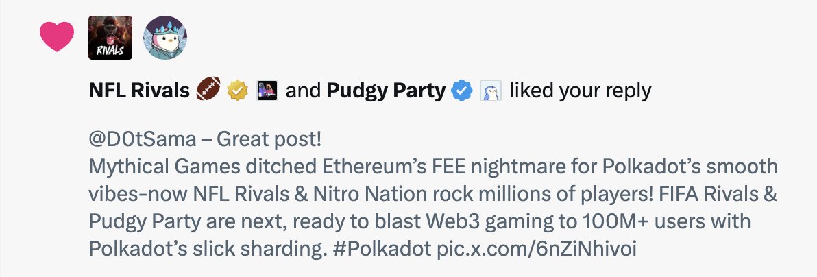 divanvdb's tweet image. Shoutout to NFL Rivals &amp;amp; Pudgy Party devs at @EnterTheMythos  – turning Web3 gaming into a blast! NFL Rivals rocks with 2M daily players, and Pudgy Party’s quirky fun is next-level. Polkadot’s powering their epic rise! #Polkadot #MythicalMagic