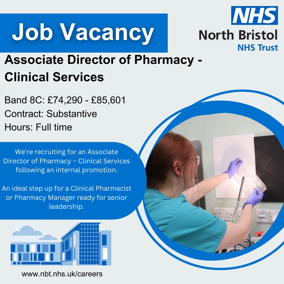 🚨 We’re hiring! 🚨

Join North Bristol NHS Trust as Associate Director of Pharmacy – Clinical Services. A perfect step up for a Clinical Pharmacist or Pharmacy Manager ready for senior leadership.

Apply here 🔍nbt.nhs.uk/careers/curren…

#PharmacyJobs #NHSJobs