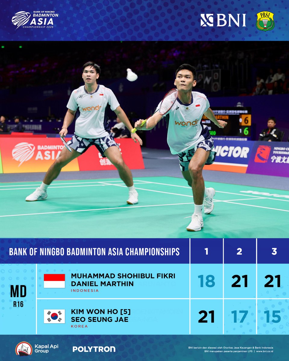 INABadminton's tweet photo. Permainan agresif Fikri/Daniel membawa mereka mengalahkan juara All England 2025.

TOP!

#BadmintonIndonesia #BAC2025 #BadmintonAsiaChampionships2025 https://t.co/CAXM1LpZpn