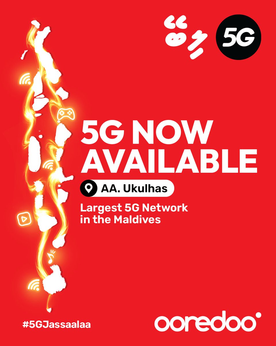Say hello to #Ooredoo5G — now available in AA. Ukulhas!📍

✨Stream, game, scroll, and connect at lightning speed on the largest 5G network in the Maldives.⚡

#Jassaaleema5GLibey #Largest5GNetwork #5GLibey #5GJassaalaa