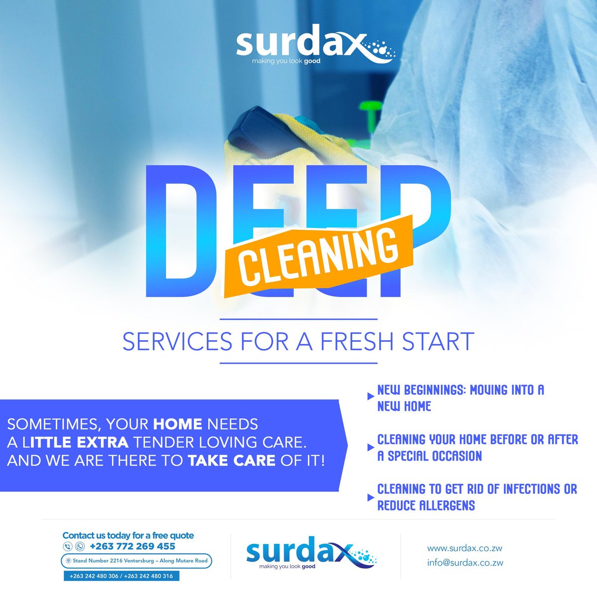 surdax_'s tweet photo. Fresh Start with Our Deep Cleaning Services

Get your home sparkling clean with our expert deep cleaning services! Whether you're moving into a new home, refreshing your current space, or preparing for a special occasion, we've got you covered.
Contact Us Today!
+263 77 287 4920 https://t.co/8D4YnIRO5o