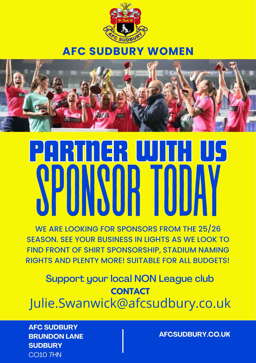 AFC Sudbury Women (@afcsudburywomen) on Twitter photo Sponsorship is available for the 2025/2026 season. We will be playing in the <a href="/FAWNL/">FA Women's National League</a> for the third season running! Come and be a part of something truly special! πππ©· Sponsorship is available for the 2025/2026 season. We will be playing in the <a href="/FAWNL/">FA Women's National League</a> for the third season running! Come and be a part of something truly special! πππ©·