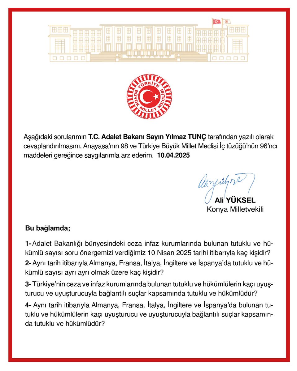 mvaliyuksel42's tweet photo. Adalet Bakanlığı bünyesindeki Ceza İnfaz Kurumlarında tutuklu ve hükümlü sayısı, bunların kaçı uyuşturucu ya da uyuşturucuyla bağlantılı suçlar kapsamında tutuklu ve hükümlü olduğu, aynı tarihte Avrupa’daki bazı ülkelerde bu sayının ayrı ayrı ne kadar olduğu ile ilgili sorularımızın  Adalet Bakanı Sayın Yılmaz TUNÇ tarafından yazılı olarak cevaplandırılması için soru önergemizi TBMM’ye sunduk.

@rprefahpartisi @erbakanfatih 
@yilmaztunc