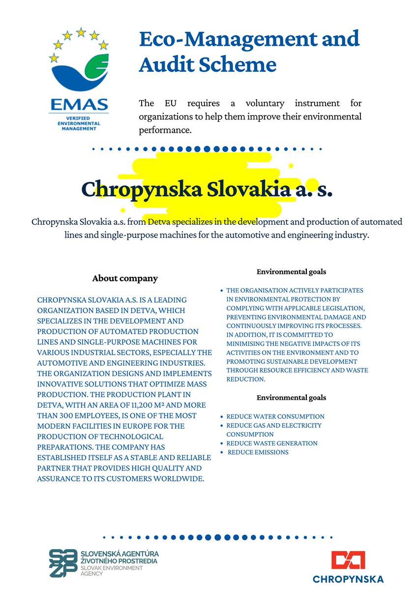 Chropynska Slovakia a.s. is a leader in production automation, specializing in the development and production of machines for the automotive and engineering industry.

#emas