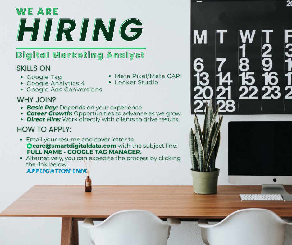 SDigitalData's tweet image. 🚨 We're hiring! Part-time Google Tag Manager Specialist (Remote) 📊
✅ GTM (web/server), GA4, Meta Pixel+CAPI
✅ Google Ads tracking, Looker Studio
📅 Last Day of Application - April 11, 7 AM
📧 care@smartdigitaldata.com
📎 Apply: forms.gle/fLWvC9YBHQztcP…
#RemoteJobs #GTM #GA4