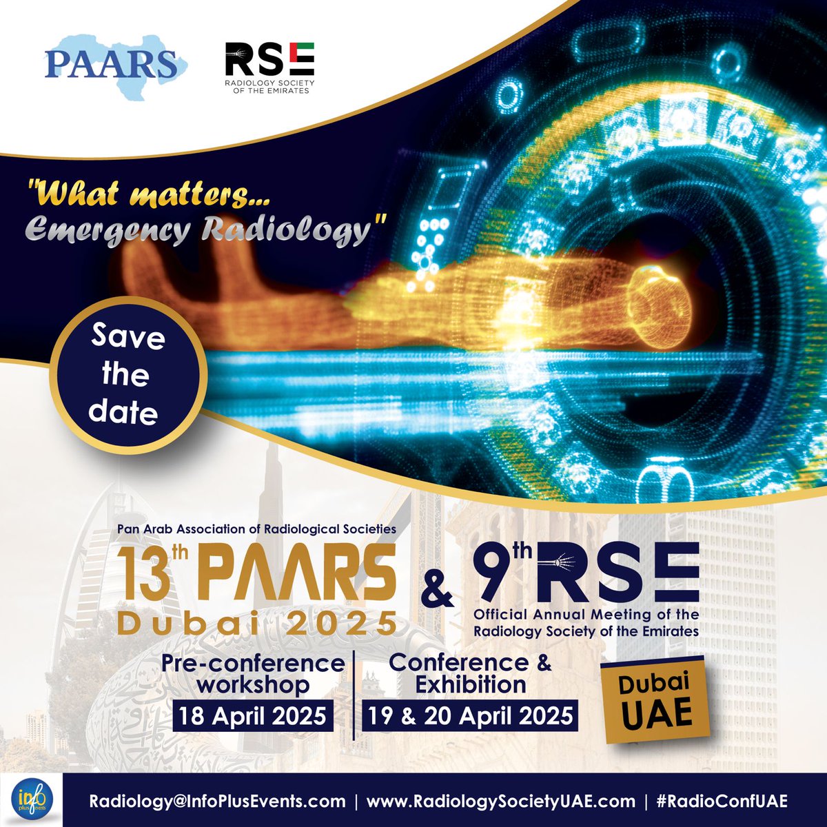 Save the date for the 13th PAARS Dubai 2025 &amp; 9th RSE Official Annual Meeting of the Radiology Society of the Emirates. 18 April Pre-conf Workshop, 19-20 April Conference and Exhibition in Dubai, UAE
For more information: radiologysocietyuae.com/PAARS-RSE-2025/

#PAARS #radiology #radiologist