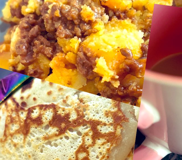 Mrs__W___'s tweet photo. What are you having for lunch today? 

For me I’m loving being able to eat properly during the holidays. 

For lunch today comfort food - left over cottage pie and pancakes with chocolate melted. 

Of course with a coffee. 

#coffee #leftovers #chocolate #pancakes #home #comfort #April #Holidays #family #home #food #Food #foodie