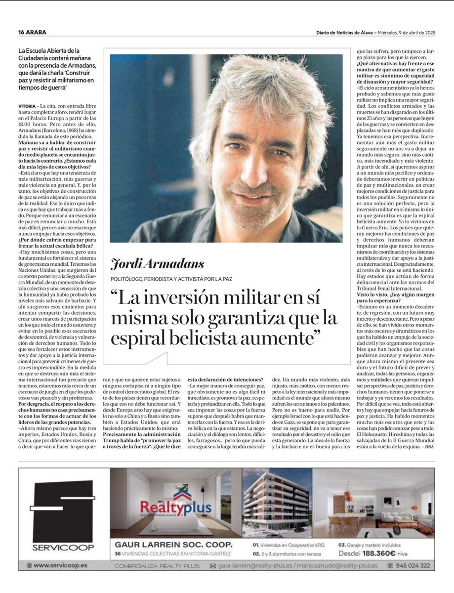 #HEIEskola + #EnElFoco
Jordi Armadans: Construir paz y resistir al militarismo en tiempos de guerra. 
📅apirilak 10 abril
⏰18:00
🏰Palacio Europa Jauregia
🔗v-g.eus/4iUGJfL
<a href="/NoticiasdeAlava/">Diario de Noticias de Álava</a>