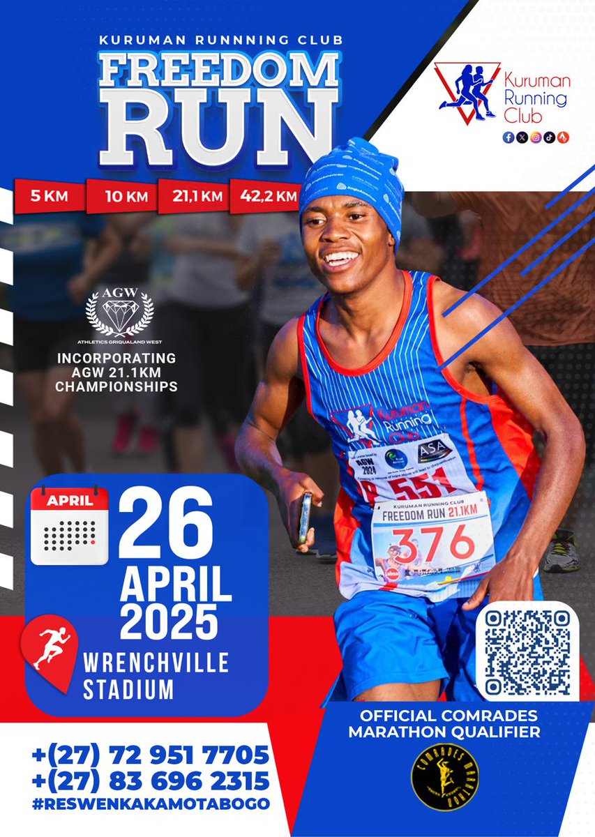 RaSetlhapelo's tweet photo. Kuruman Running Club is hosting the Freedom Run on the 26th of April 2025. Link to register is below.

Race categories are 5km, 10km, 21km and 42km. Re swenka ka motabogo!
#FreedomRun
#KurumanRunningClub

https://t.co/IuVCvSip7y… https://t.co/WlGjLaa6kY