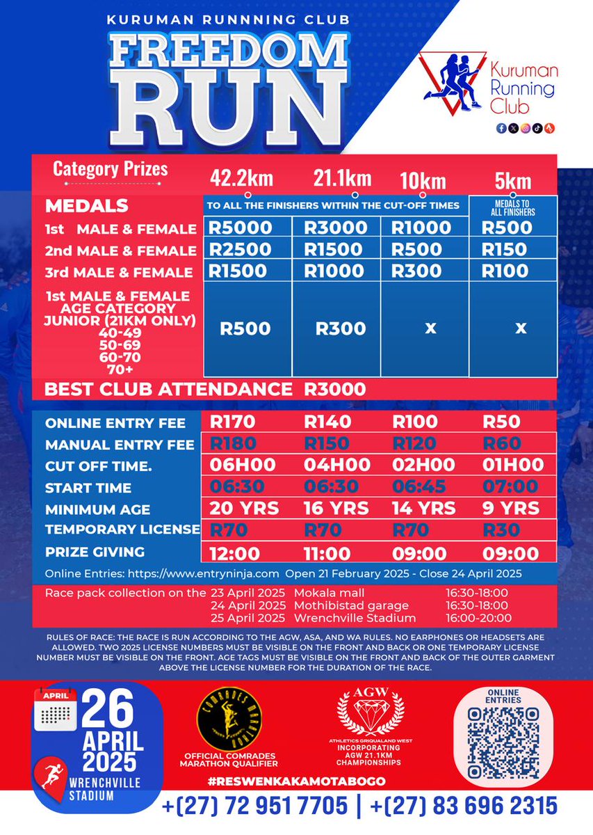 Kuruman Running Club is hosting the Freedom Run on the 26th of April 2025. Link to register is below.

Race categories are 5km, 10km, 21km and 42km. Re swenka ka motabogo!
#FreedomRun
#KurumanRunningClub

entryninja.com/events/81761-k…