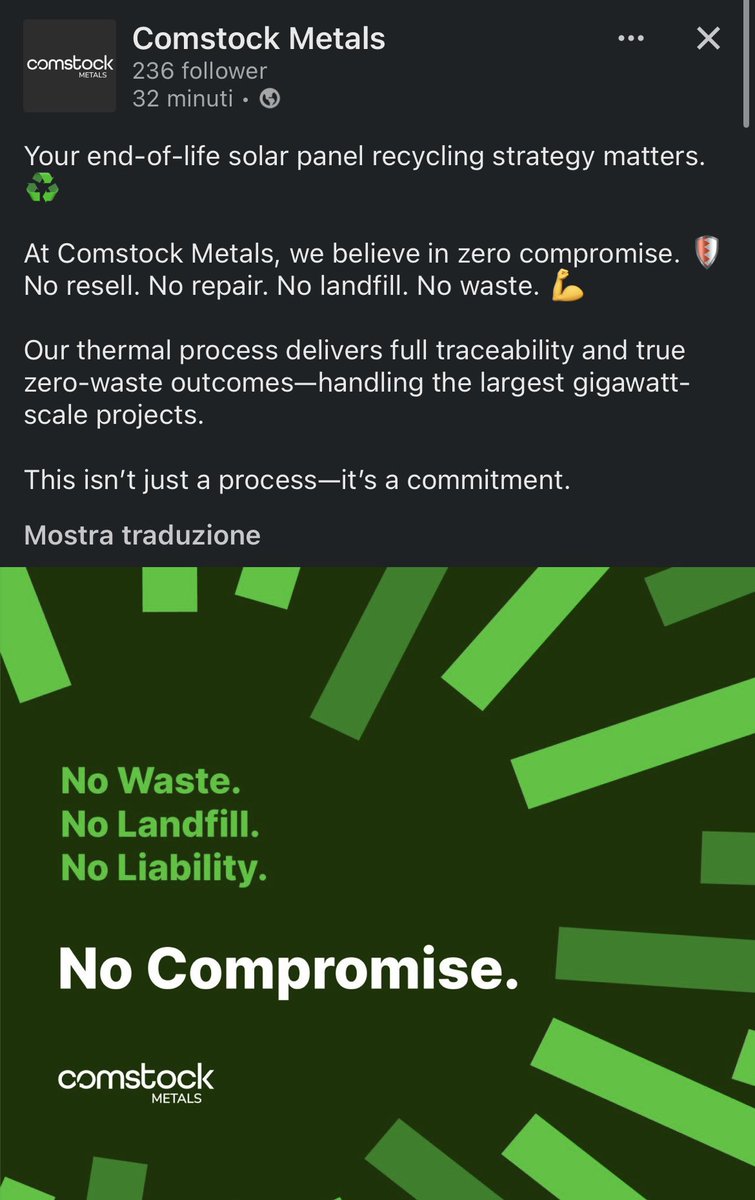 alessandrobanca's tweet photo. $LODE #NoWaste #NoLandfills #NoLiability #SolarPanelRecycling #EndOfLifeSolarManagement #Metals #Plastic #ComstockMetals ♻️ 💚💯 https://t.co/abzvNo6deO