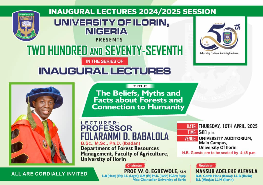 Ufsainnovative's tweet photo. 277th Inaugural Lecture of the University of Ilorin

Topic: The Beliefs, Myths, and Facts about Forests and Connection to Humanity

Lecturer: Prof Folaranmi D. Babalola

5pm Today

Join Zoom Meeting
https://t.co/bFvVMNv53M

Meeting ID: 818 3528 8838
Passcode: 619480 https://t.co/IDYr9QO45H