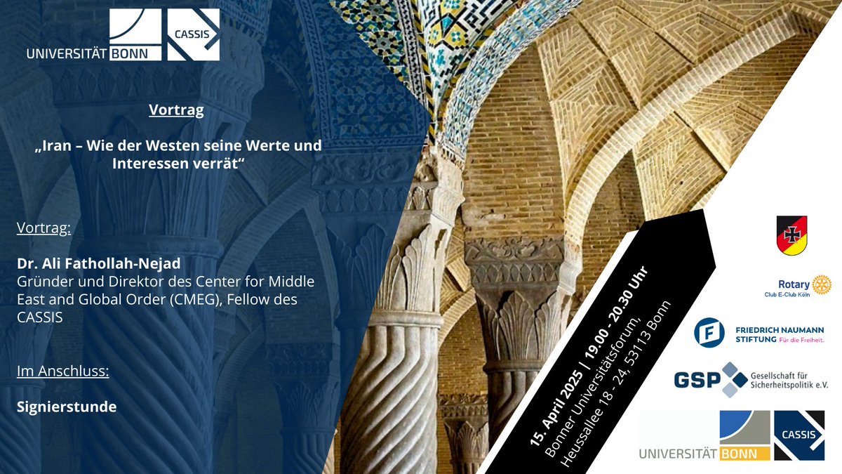 CASSIS Bonn (@cassis_bonn) on Twitter photo ‼️<a href="/AFathollahNejad/">Ali Fathollah-Nejad, PhD</a> spricht über notwendigen Paradigmenwechsel in Iranpolitik und die Verantwortung des Westen. 🌍
Highlight: Signierstunde 📚✍️
📅 15.04.2025, 19:00 - 20:30 Uhr | Bonner Universitätforum & digital
👉 shorturl.at/Zn1ZE & shorturl.at/fBZbO ‼️<a href="/AFathollahNejad/">Ali Fathollah-Nejad, PhD</a> spricht über notwendigen Paradigmenwechsel in Iranpolitik und die Verantwortung des Westen. 🌍
Highlight: Signierstunde 📚✍️
📅 15.04.2025, 19:00 - 20:30 Uhr | Bonner Universitätforum & digital
👉 shorturl.at/Zn1ZE & shorturl.at/fBZbO