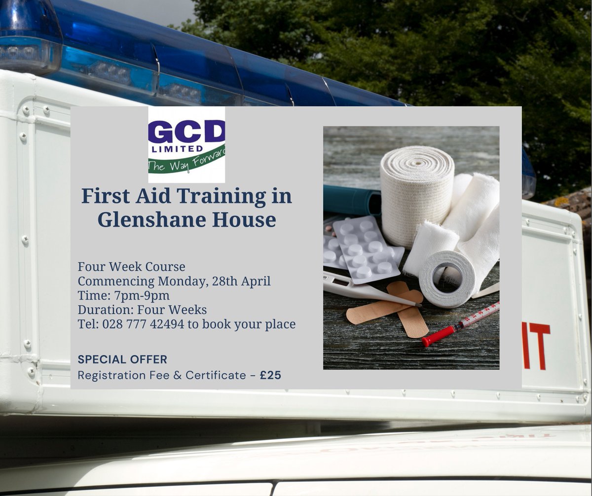 Special Offer - Four week First Aid Training course, Glenshane House, Dungiven - £25 for course &amp; certification.

Telephone 02877742494 to secure your place.