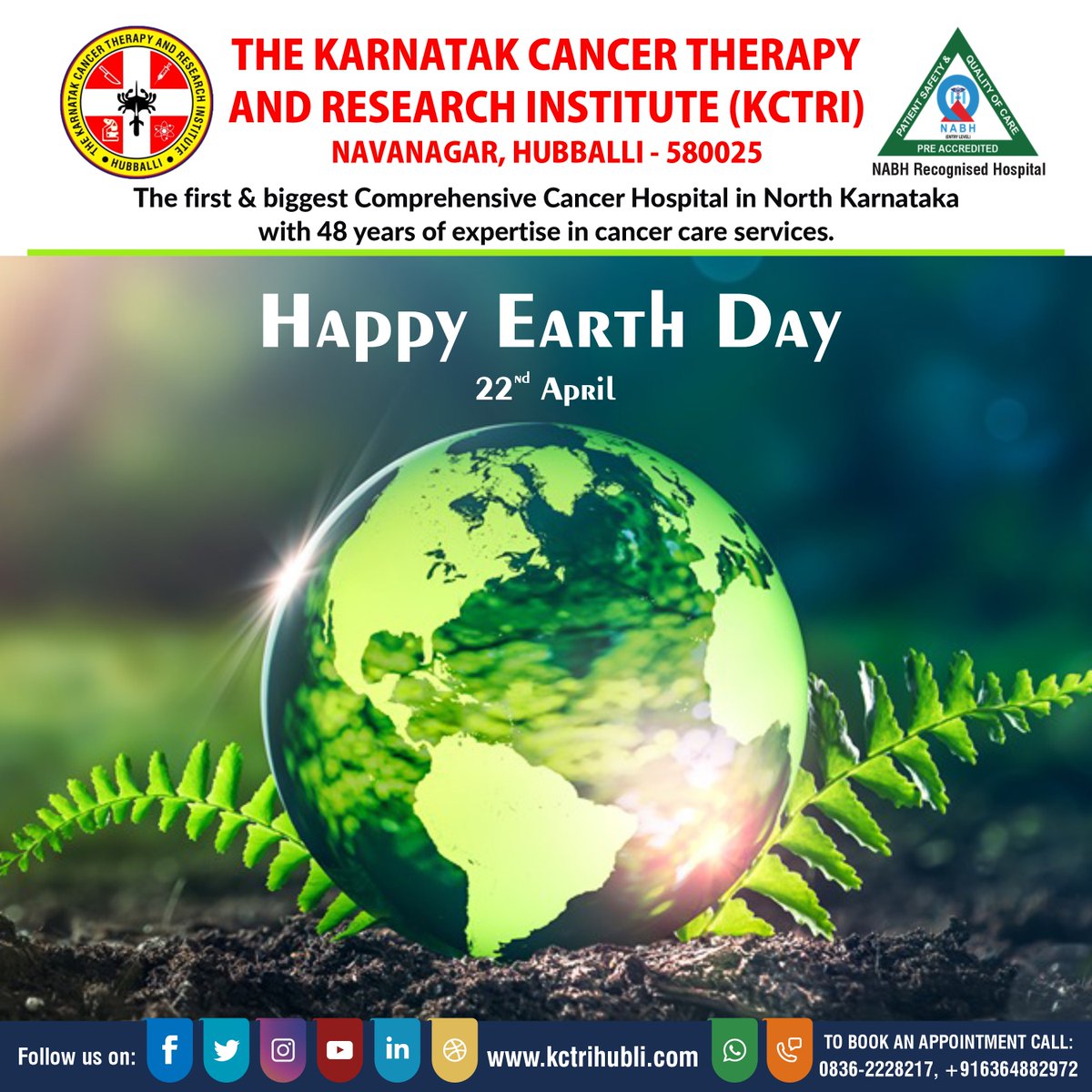 KctriHubballi's tweet photo. 🌍 Happy Earth Day!
Let’s come together to protect our planet — every action counts, no matter how small.
Be kind to Earth, it’s the only home we have. 🌱💚
#EarthDay2025 #InvestInOurPlanet #GoGreen #SustainableFuture #kctrihubli #hublicancerhospital #kctrinavanagrhubballi #kctri https://t.co/EO8SD8XGpf