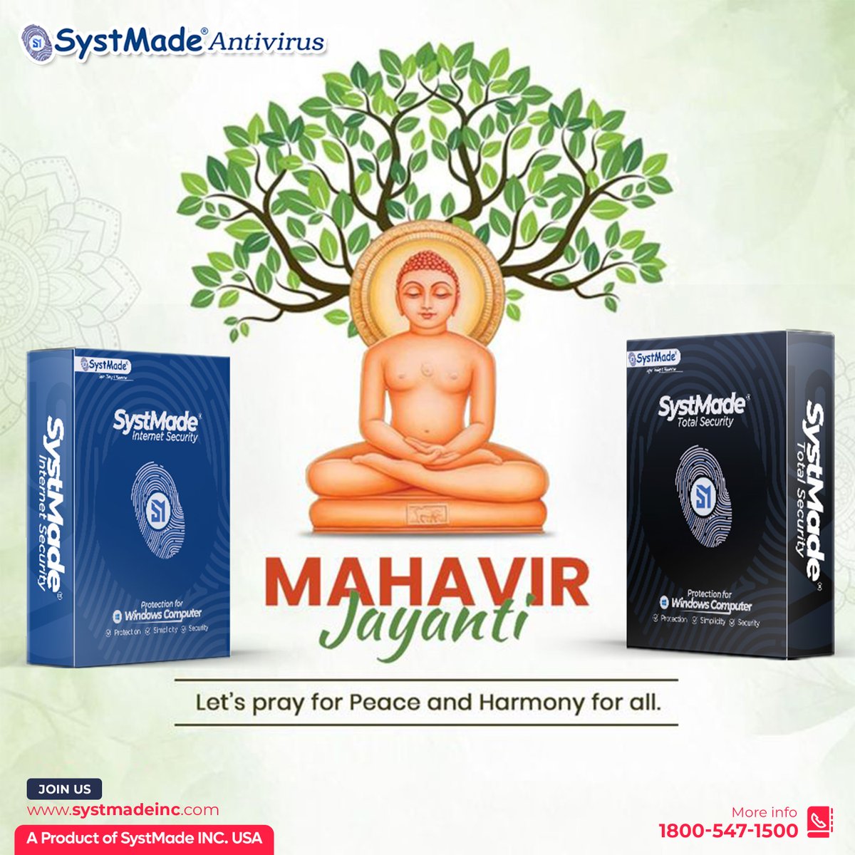 SystmadeI's tweet photo. On this sacred #MahavirJayanti, let’s embrace Lord Mahavir’s message of peace, truth &amp; non-violence. 🕊️

Just like we protect our minds, let’s protect our digital world too.
Stay safe. Stay secure.
🌿 #SystMadeAntivirus #Peace #CyberSafety #Jainism https://t.co/NSyj5LPG0G