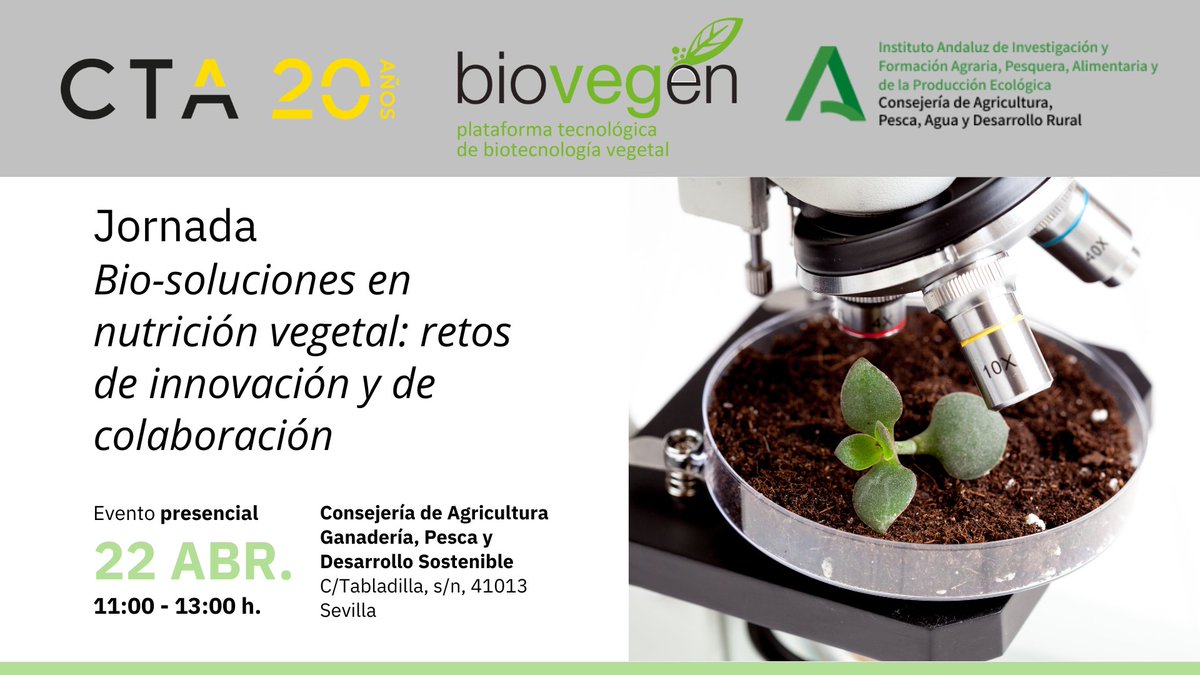 biovegen's tweet image. 👀¡Reserva la fecha! Jornada "Bio-soluciones en nutrición vegetal: retos de innovación y de colaboración"🌱🔬
📍Salón de Actos del Edificio 2 – Consejería de Agricultura, Junta de Andalucía (Sevilla)
📆 22 de abril de 2025
🔗 Inscríbete aquí 👉🏻 biovegen.org/formulario-de-…