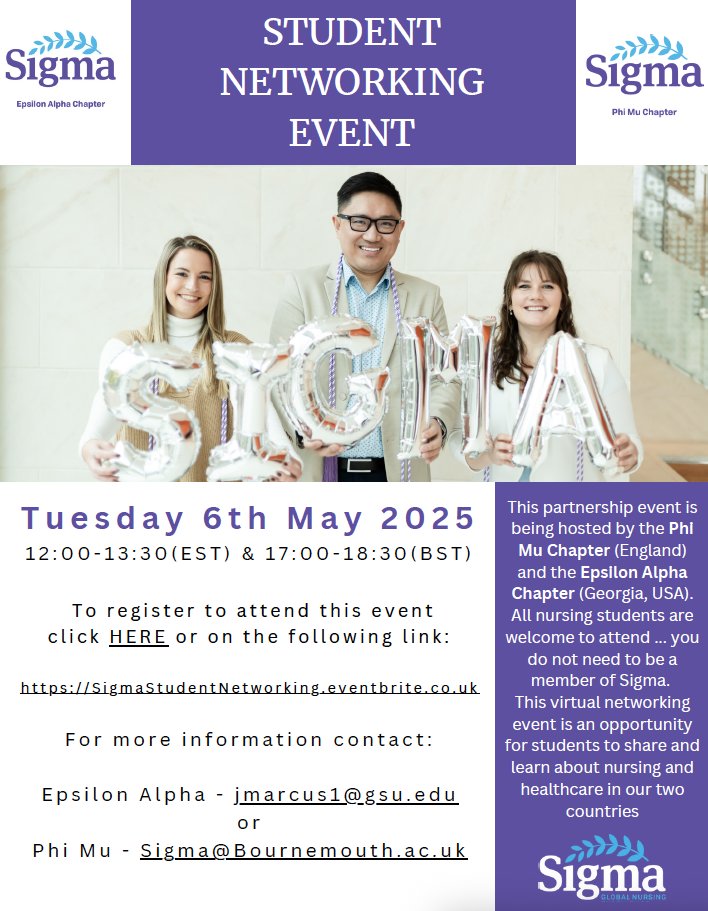 Phi Mu Chapter (@phimuchapter) on Twitter photo In collaboration with the Epsilon Alpha Chapter (Georgia State Uni, USA), we are hosting our next Student Networking Event on Tuesday 6th May. All nursing students are welcome to join this event by registering at
…gmaStudentNetworking.eventbrite.co.uk
<a href="/SigmaNursing/">Sigma Nursing</a> <a href="/lwestcott1/">Dr Liz Westcott</a> <a href="/HeaslipVanessa/">Professor Vanessa Heaslip</a> In collaboration with the Epsilon Alpha Chapter (Georgia State Uni, USA), we are hosting our next Student Networking Event on Tuesday 6th May. All nursing students are welcome to join this event by registering at
…gmaStudentNetworking.eventbrite.co.uk
<a href="/SigmaNursing/">Sigma Nursing</a> <a href="/lwestcott1/">Dr Liz Westcott</a> <a href="/HeaslipVanessa/">Professor Vanessa Heaslip</a>