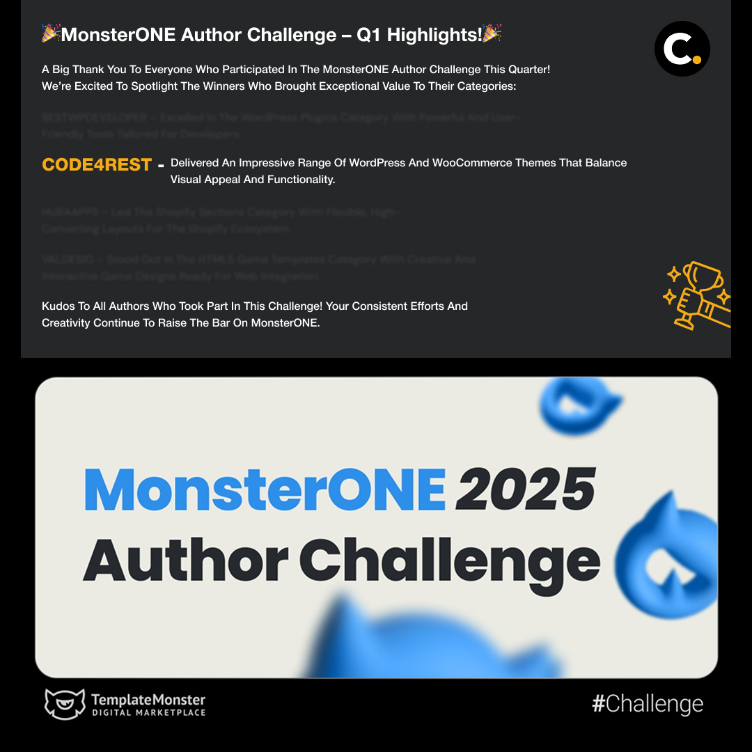Code4rest's tweet image. 🎉 MonsterONE Author Challenge – Q1 Highlights! 🎉

🔹 CODE4REST – delivered an impressive range of WordPress and WooCommerce themes that balance visual appeal and functionality.

Thank you so much for this exciting news and for selecting CODE4REST as one of the winners.