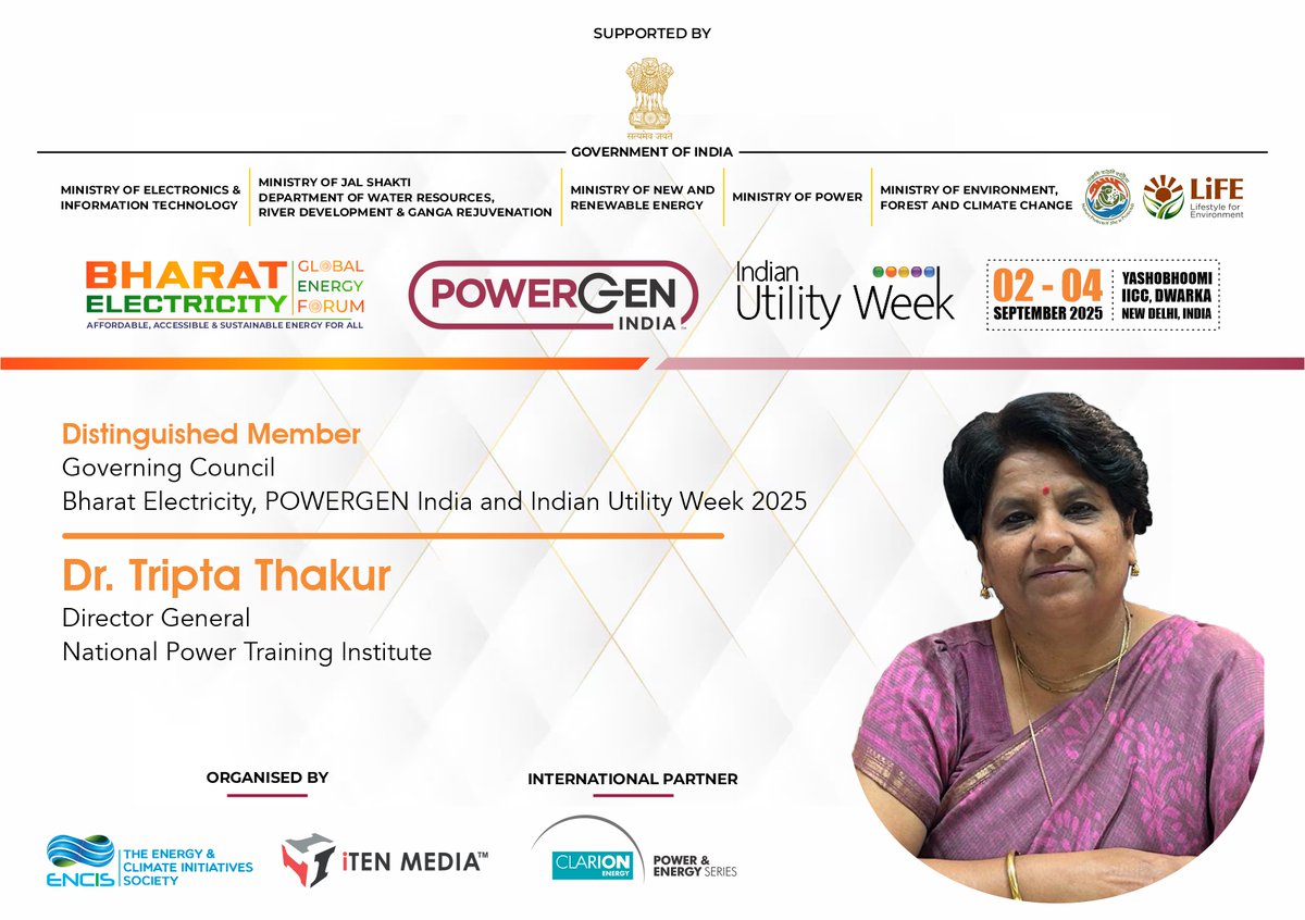 Bharat Electricity (@bharat_elec) on Twitter photo We are honored to welcome Dr. Tripta Thakur, DG,<a href="/NPTIMoPGoI/">National Power Training Institute (NPTI), Official</a>, as a Distinguished Member of the Governing Council for <a href="/Bharat_Elec/">Bharat Electricity</a>, <a href="/PowerGenIndia/">POWERGEN India</a> & <a href="/IndianUtilityWk/">Indian Utility Week</a>
π
2-4 Sep 25
π Yashobhoomi IICC, New Delhi
π For more infoπ powergen-india.com We are honored to welcome Dr. Tripta Thakur, DG,<a href="/NPTIMoPGoI/">National Power Training Institute (NPTI), Official</a>, as a Distinguished Member of the Governing Council for <a href="/Bharat_Elec/">Bharat Electricity</a>, <a href="/PowerGenIndia/">POWERGEN India</a> & <a href="/IndianUtilityWk/">Indian Utility Week</a>
π
2-4 Sep 25
π Yashobhoomi IICC, New Delhi
π For more infoπ powergen-india.com