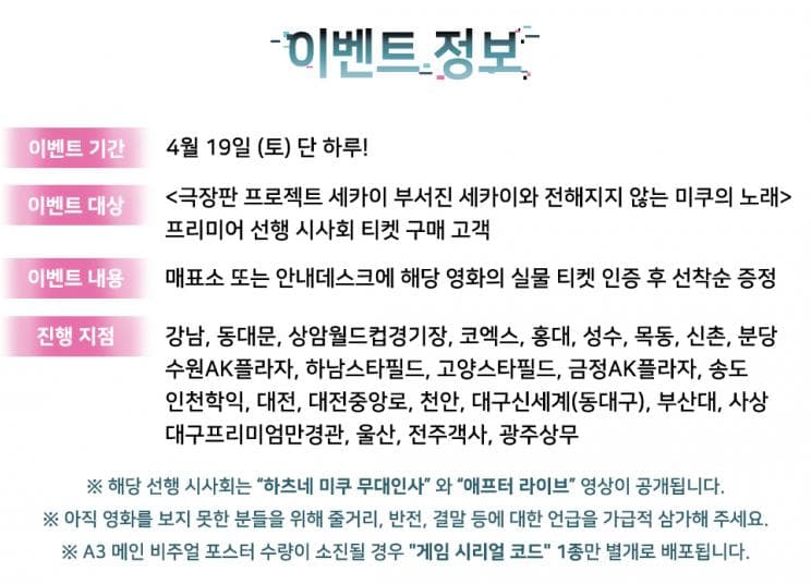 극장판 프로젝트 세카이 프리미어 시사 관람시 

포스터 및 게임코드 증정
미쿠 무대인사 및 애프터 라이브 영상도 공개