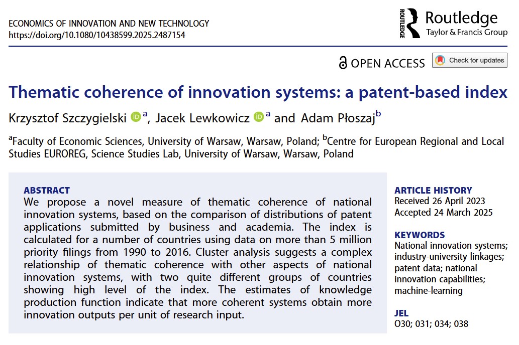 🔊 NEW PAPER by Department member Jacek Lewkowicz, co-authored by Krzysztof Szczygielski and <a href="/AdamPloszaj/">Adam Płoszaj</a>, proposing a novel measure of the association between innovative efforts of industry and science. Congratulations👏 
Check out the full text here: doi.org/10.1080/104385…