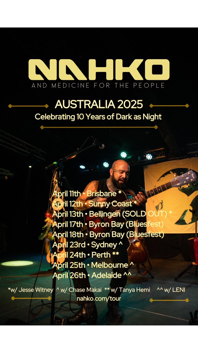 BRISBANE 🐨 AUSTRALIA 

kicking tour off tomorrow in Brizzy at the Black Bear Lodge w/ Jesse Witney 🦅 come celebrate 10 years of Dark as Night! tickets at nahko.com/tour xo bear