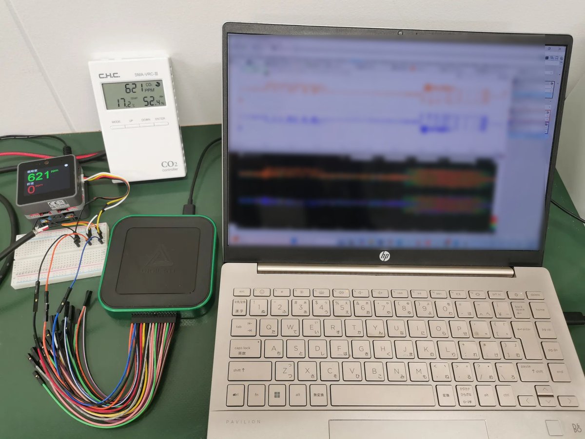 harvestxjp's tweet photo. 'Analog Discovery 3' USB オシロスコープを使用することで、CO₂コントローラーとM5Stack間のシリアルインターフェースの信号を解析できます。
#M5Stack #CO2Controller #Oscilloscope https://t.co/IDBNfSCoY0