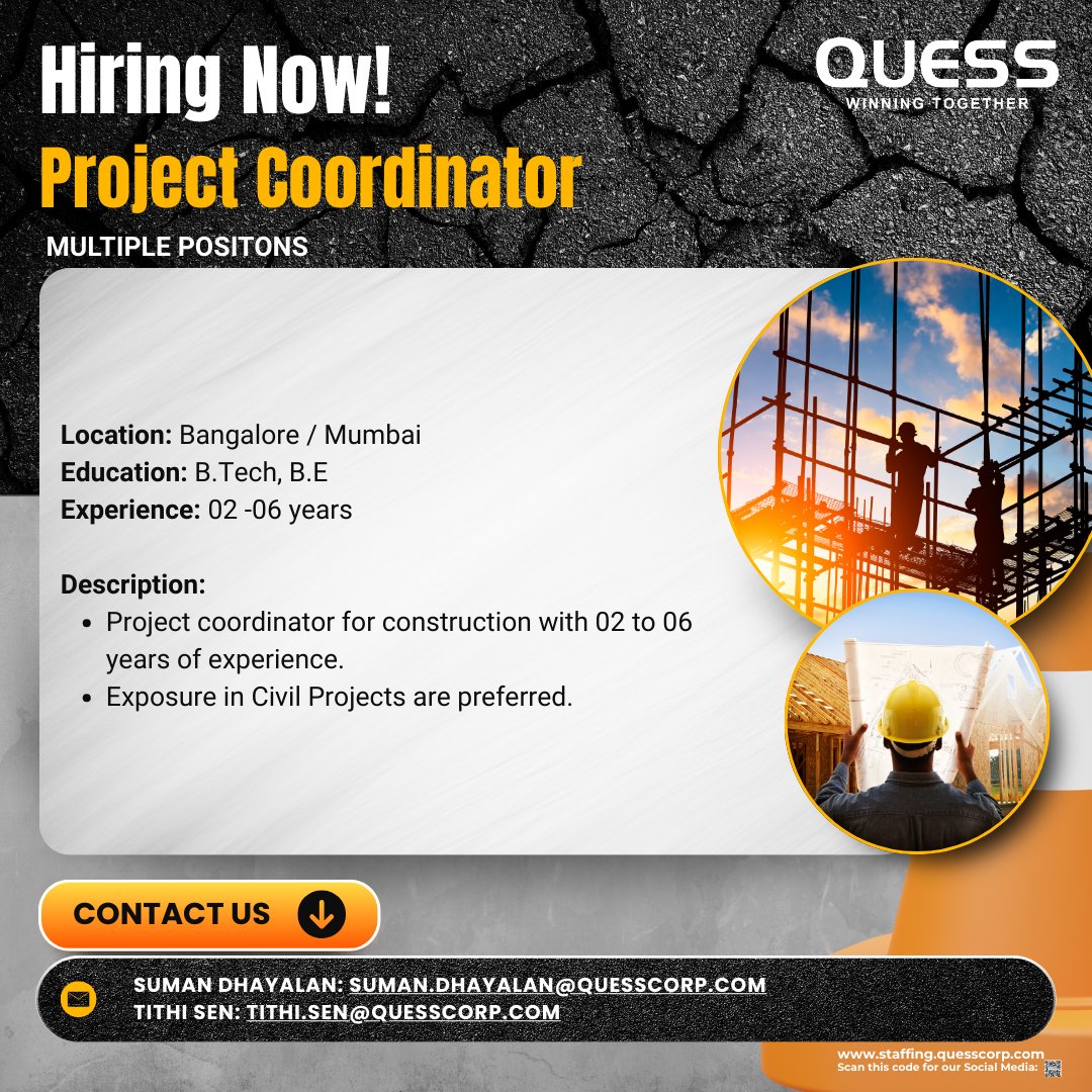 QSS_India's tweet photo. We're #Hiring – Project Coordinators for Quess Construction! 
https://t.co/X7huRBwRe2 

Apply Now: Send your CV to
suman.dhayalan@quesscorp.com
 OR 
tithi.sen@quesscorp.com

#ProjectCoordinator #ConstructionJobs #CivilEngineering #MumbaiJobs #BangaloreJobs #CareerOpportunity https://t.co/g3B0hTokdq