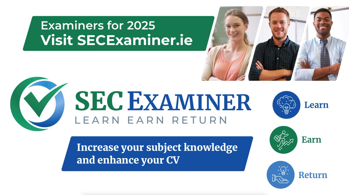 The SEC Written Examiner Recruitment Campaign 2025 is now open. Find out about working as an examiner - including information on; assessment, fees, enhancing your teaching skills and future opportunities. Visit secexaminer.ie to register your interest or make an