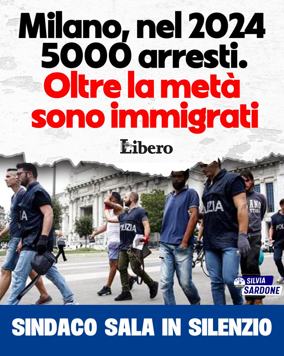SardoneSilvia's tweet photo. ❌ Come spiegato dal Questore di #Milano, oltre il 50% degli arresti in città nel 2024 ha riguardato stranieri e per alcune categorie di reati le percentuali sono ancora più alte: rapine, furti, violenze sessuali e spaccio di droga sono sempre più appannaggio di extracomunitari, in particolare quelli irregolari, seppur i cittadini non italiani siano solo il 20% della popolazione. Lo squilibrio è più che evidente: gli stranieri sono più propensi degli italiani a delinquere. Il nesso immigrazione clandestina e delinquenza non lo vede solamente la sinistra accecata dall'accoglienza a tutti i costi. Ora i compagni hanno perso la parola? Il sindaco #Sala che dopo 9 anni di amministrazione si è reso conto dell'allarme sicurezza cosa farà? Organizzerà un'altra tavolata multietnica al Parco Sempione?