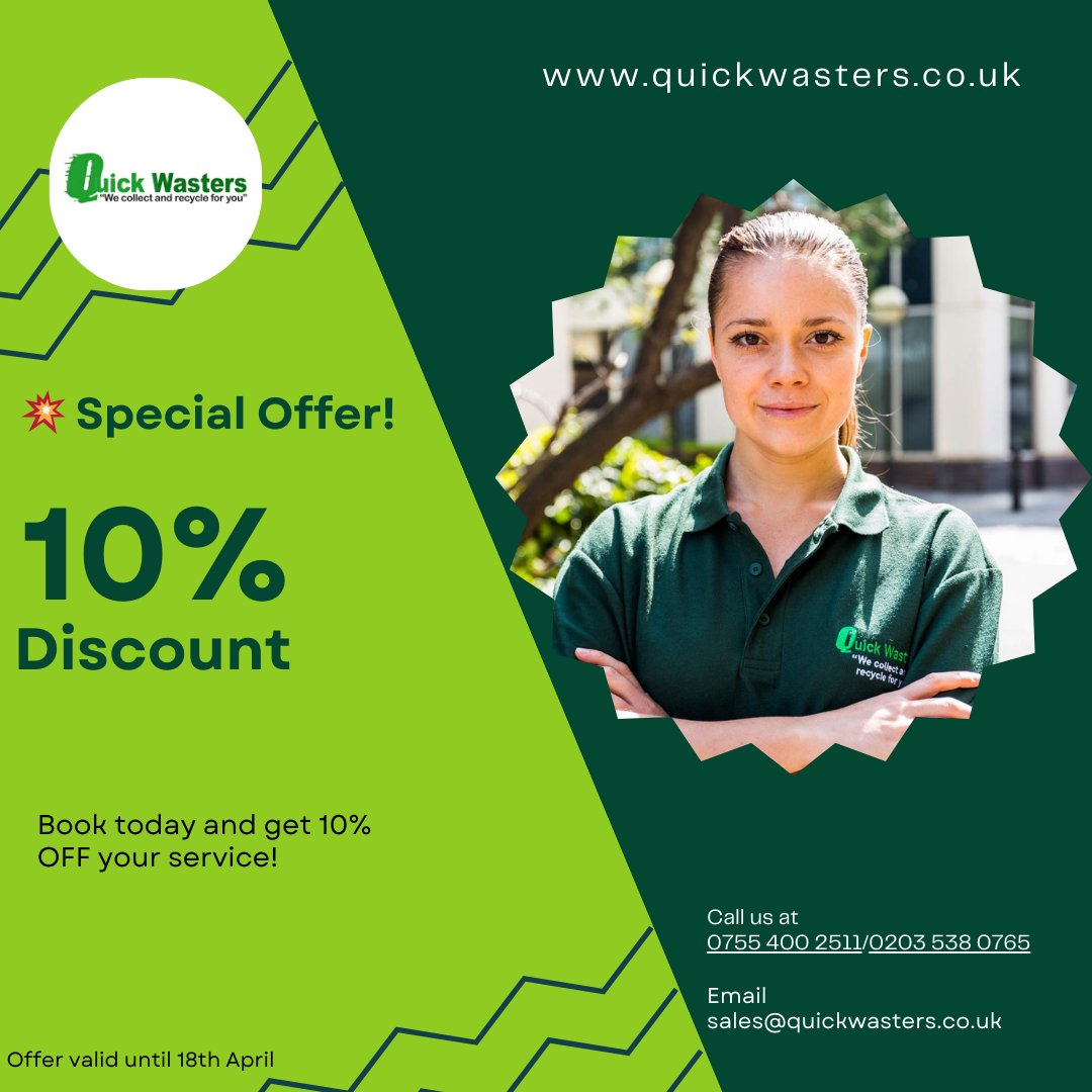 Quickwasters1's tweet image. 🌟 Spring Cleaning Made Easy! 🌟

Enjoy 10% OFF with Quick Wasters – Book now and save on reliable waste collection and recycling services. Offer valid until April 18th!💚

#quickwasters #wasteremoval #springclearance #offer #samedayservice #london #green