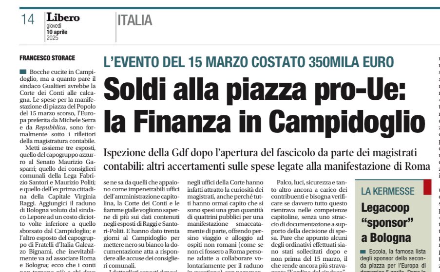 fratotolo2's tweet photo. Ispezione della Finanza in Campidoglio dopo l'apertura del fascicolo da parte dei magistrati contabili: altri accertamenti sulle spese legate alla manifestazione dem di Roma del 15 marzo scorso, costata ai contribuenti romani 350mila euro. 
@Storace https://t.co/OYLp9AwGIq