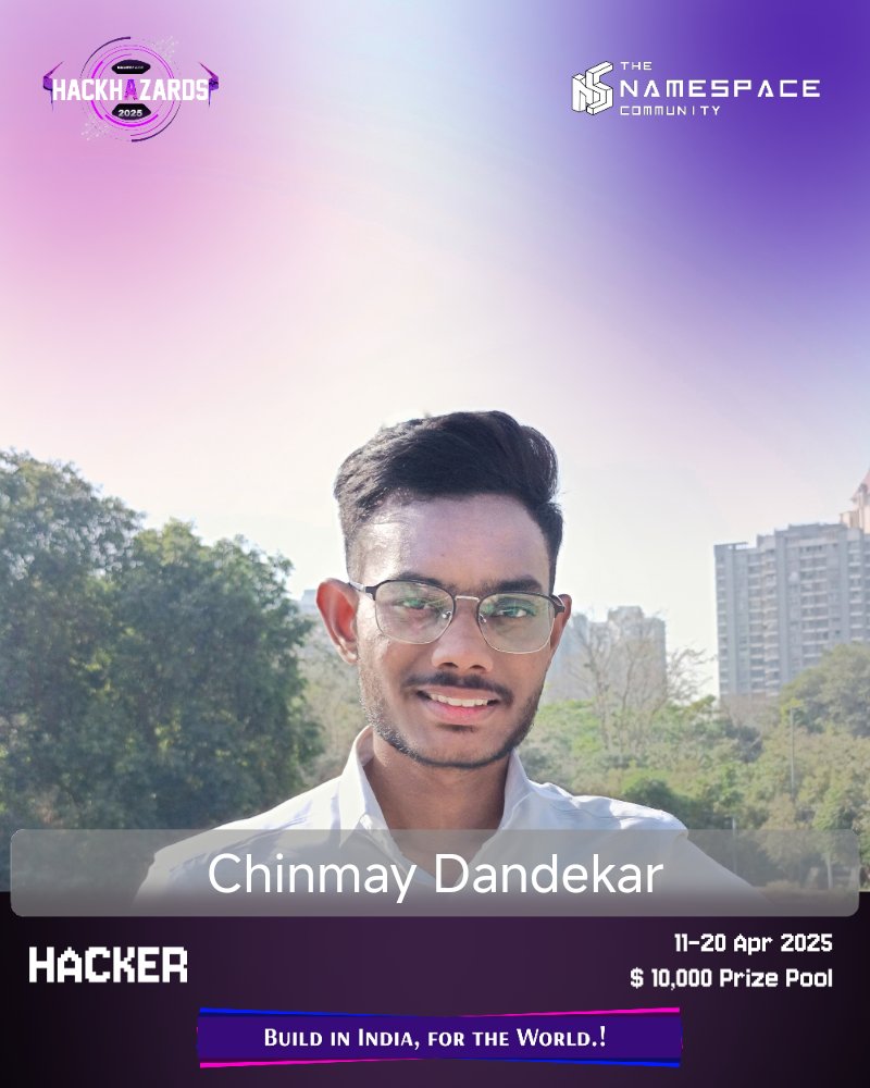 Chinmay1217's tweet photo. Proud to be part of HACKHAZARDS 2025 โ building innovative solutions with a global vision! Honored to represent at one of Indiaโs most exciting hackathons.
@namespacecomm
#HACKHAZARDS25 #NAMESPACECOMM https://t.co/B3vBVMQ0N5