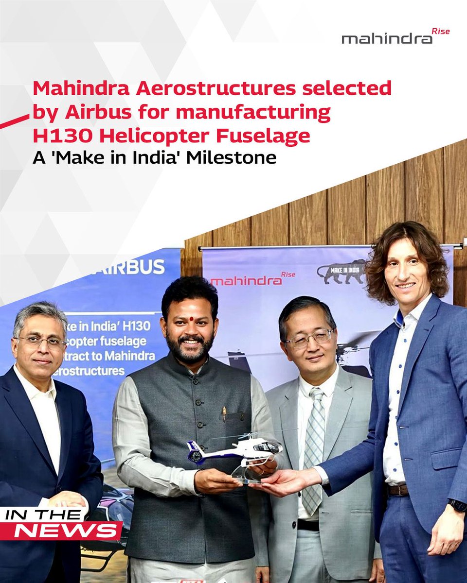 We are proud to partner with Airbus to manufacture &amp; assemble the main fuselage of the H130 helicopter. A significant leap for #MakeInIndia &amp; India's aerospace excellence. 

Read more: mahindra.com/news-room/pres… 

#RiseToCreateValue #TogetherWeRise
