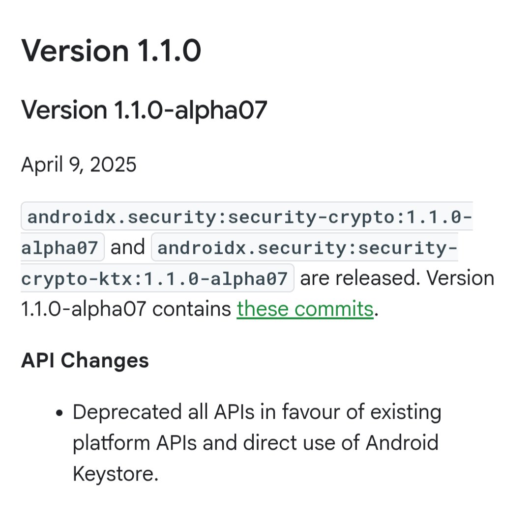 Sp4ghettiCode's tweet photo. There it is. 

EncryptedSharedPreferences now officially deprecated 🫡

#AndroidDev https://t.co/OGfT93rb7c