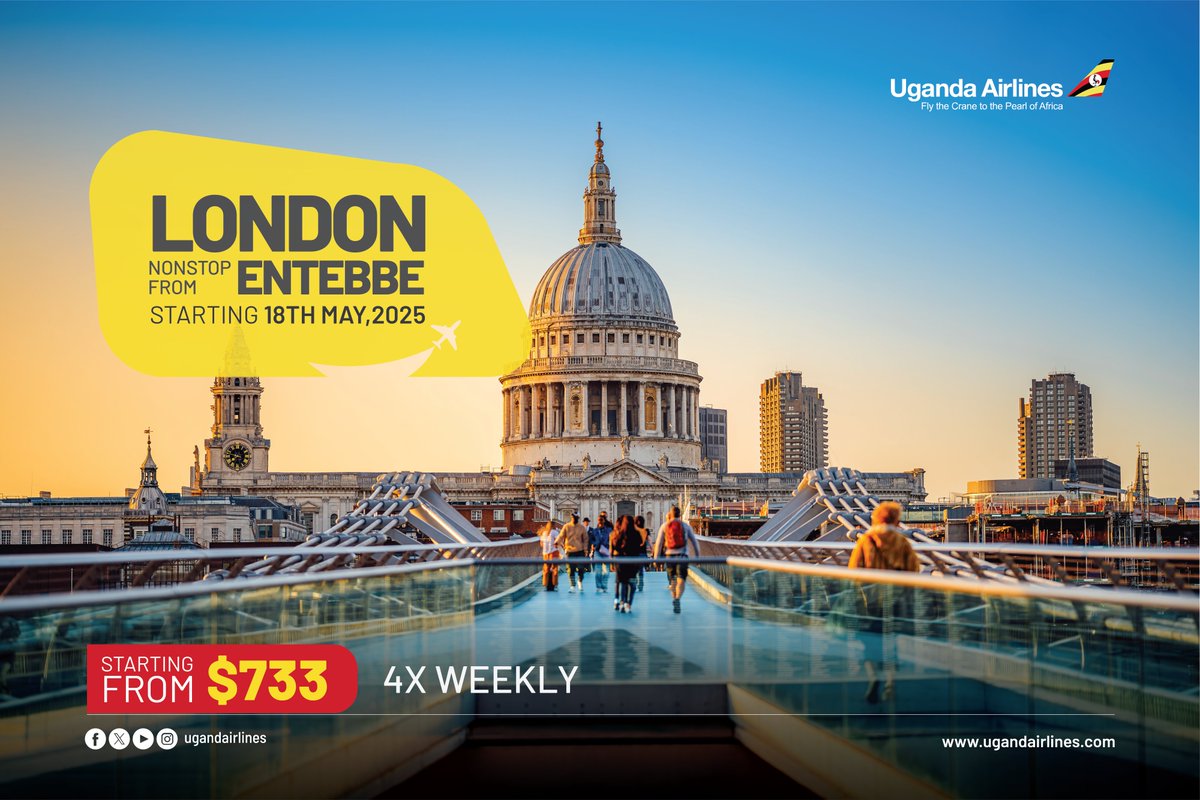 #LondonHereWeCome! Unlock incredible savings with an unbeatable round-trip fare to London, starting May 18, 2025. 

Book your flight today via our Website or Mobile App
ugandairlines.com/destinations/d… #FlyUgandaAirlines